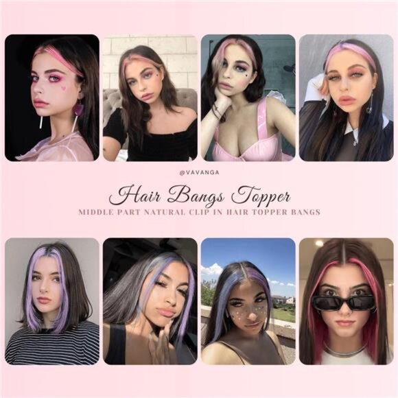 Long Hair Topper, Middle Part 3D French Bangs Topper Black with Green Highlight main image 4